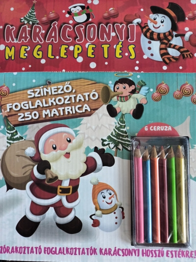 Karácsonyi meglepetés - Színező, foglalkoztató, 250 matrica, 6 ceruza